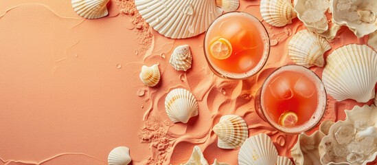 Wall Mural - Various sea shells gathered in a group on a vibrant pink background, creating a visually striking composition. The shells are of different shapes, sizes, and colors, adding texture and interest to the