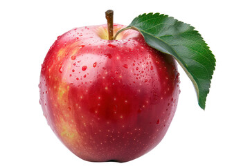 Sticker - Fresh red apple with water droplets and leaves, cut out - stock png.