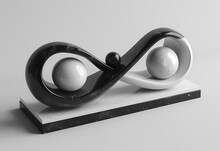 Sculpture Abstraite En Boucle Infinie Avec Sphères Noir Et Blanc Sur Base En Marbre - Concept De Dualité Et Harmonie