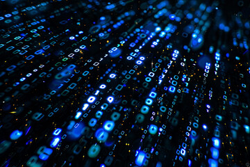 Wall Mural - Binary matrix background. Falling digits on dark backdrop. Running random numbers. Abstract data concept. Blue futuristic cyberspace.