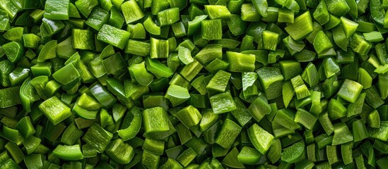 A vibrant display of diced green bell peppers in a close-up shot, showcasing the freshness and vibrant color of the chopped vegetables.