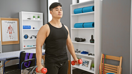 Wall Mural - A young asian man exercises with dumbbells in a rehabilitation clinic's gym.