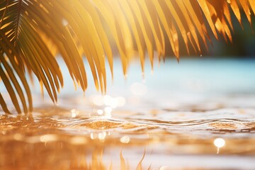 Wall Mural - Tropical beach with palm leaf and sand on sand, shallow depth of field