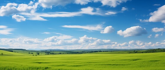 Wall Mural - Tree on the green field with blue sky and white clouds background.