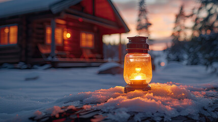 Canvas Print - Winter Wilderness: Camping Lantern in a Snowy Forest