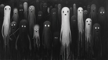  A Black And White Painting Of A Group Of Creepy Looking People With Long White Hair And Eyes, Standing In Front Of A Group Of Black And White Ghost Like Figures.