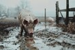 A pig is standing in a muddy field next to a fence on a rainy day. The pigs body is covered with mud, and it appears to be looking around its surroundings