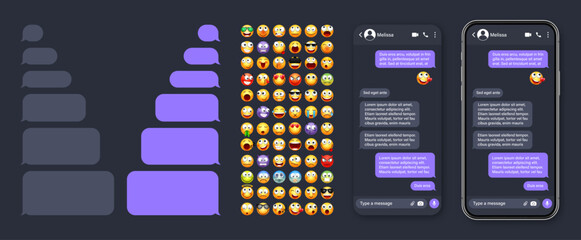 Smartphone messaging app, user interface with emoji. SMS text frame. Chat screen, violet message bubbles. Texting app for communication. Social media application. Dark mode. Vector illustration