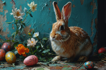 Wall Mural - easter bunny with easter eggs