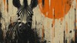  a painting of a zebra standing in front of an orange and white wall with paint splattered on it's face and a black and white background with a black and orange circle.