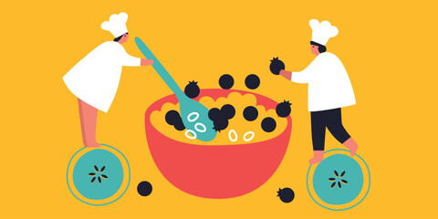 Wall Mural - Tiny People cooking on kitchen. Vector flat illustration. Collection of various cartoon man, woman preparing food.