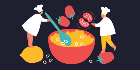 Wall Mural - Tiny People cooking on kitchen. Vector flat illustration. Collection of various cartoon man, woman preparing food.