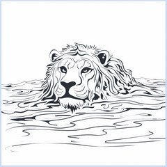 Wall Mural - Black and white sketch of a lion swimming in the water.