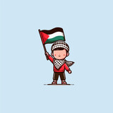 Fototapeta Pokój dzieciecy - Palestinian boy holding waving Palestine flag wearing Keffiyeh scarf mascot cute vector isolated faceless illustration t-shirt design
