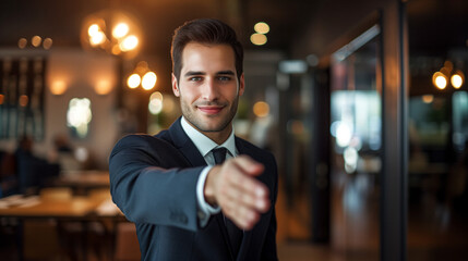 Wall Mural - A handsome man in a suit extends his hand for a handshake. The message is «You're hired at the company» or «I'm pleased to welcome you to our firm».