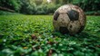 A Dirty Soccer Ball on the Grass, An Old and Worn Soccer Ball, The Ball is Resting on a Patch of Green Moss, A Rusty Soccer Ball Sits in the Grass.
