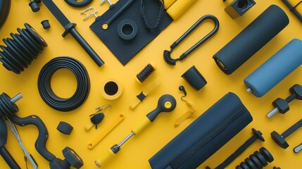 Wall Mural - A top-down, flat lay studio photograph showcases gym accessories against a yellow background in a close-up shot