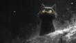  a black cat with yellow eyes is standing in the rain and looking up at the sky with a sprinkle of light coming out of it's eyes.