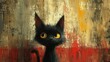  a painting of a black cat with yellow eyes sitting in front of a red, yellow, and white wall with a black cat on it's head and yellow eyes.