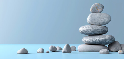 Poster - A stack of white-toned pebbles on a blue backdrop.