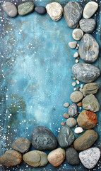 Poster - Array of multicoloured round pebbles arranged in a frame on a blue background.