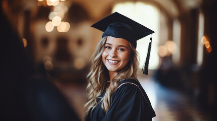 Wall Mural - Happy European woman dressed in graduation gown and cap. Ai generative illustration