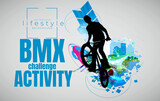 Fototapeta Do przedpokoju - Vector banner or flyer with cyclist on the bike. Abstract poster of BMX competitions sport template.