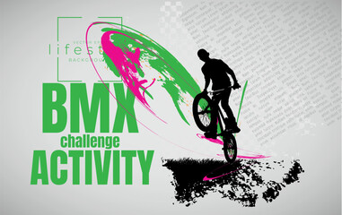 Wall Mural - Vector banner or flyer with cyclist on the bike. Abstract poster of BMX competitions sport template.