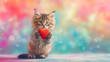 Cute fluffy kitten standing on its hind legs and holding a red heart in its paws with copy space for your text