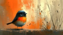  A Painting Of A Bird Sitting On A Ledge In Front Of A Painting Of Grass And A Bird With A Red, Orange, Blue, Yellow, And Black Color Scheme.
