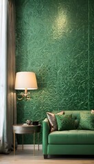 Modern luxury living room interior design and green pattern wall background