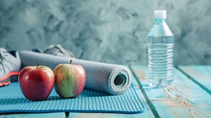 Wall Mural - On a blue wooden background, a yoga mat, sports shoes, an apple, and a water bottle illustrate healthy lifestyle, nutrition, sport, and diet, with focus on the equipment