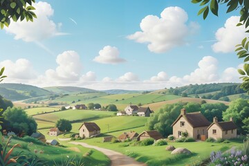 a cartoon scene with a farm and a road