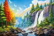 Waterfall cascading over rocky cliffs with a rainbow. Concept of natural wonder, vibrant ecosystem, outdoor adventure, and scenic beauty. Digital artwork
