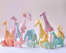 Crafted pastel paper zoo, origami animals in a spectrum of soft, soothing colors