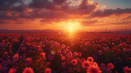 Wall Mural - sunset over the field of flowers