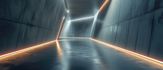 Wall Mural - Concrete futuristic tunnel background, modern underground corridor with grey walls and lines of led light, perspective view of garage. Concept of hall, room, interior, industry