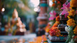 Cerimônia de Puja Hindu Tradicional Ofertas de Flores Frutas e Incenso em Altar Decorativo
