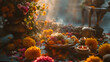 Cerimônia de Puja Hindu Tradicional Ofertas de Flores Frutas e Incenso em Altar Decorativo
