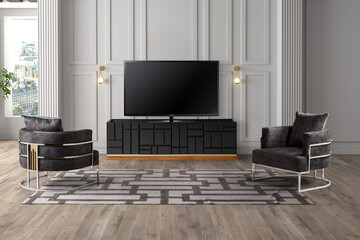 Wall Mural - 3d rendering Cabinet TV in modern living room with armchair ,lamp ,table ,flower and plant 