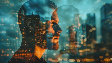 Wall Mural - Double exposure concept with thinking businessman and city. With special lighting effects