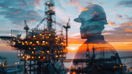 Wall Mural - Double exposure of Engineer or Technician man with safety helmet operated platform or plant by using tablet with offshore oil and gas platform background for oil and gas business concept