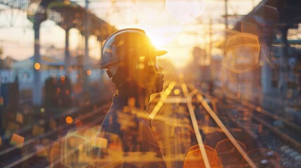 Canvas Print - Double exposure of team railway engineer is on duty in work site with abstract bokeh backgrounds, use for banner cover.
