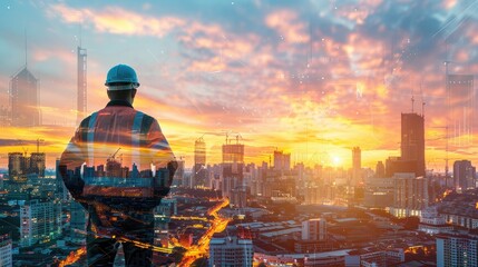 Wall Mural - The double exposure image of the engineer standing back during sunrise overlay with cityscape image. The concept of engineering, construction, city life and future