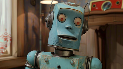 Wall Mural - friendly looking robot, 1950's style retro furture, soft lighting, photorealistic, cinematic