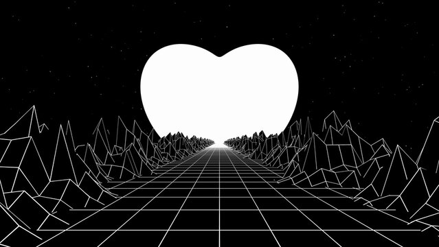 3d abstract black and white retroway. Retro 80s 90s retrowave landscape topographic. Grey mountains with neon love hrart sunset. Sci-fi y2k viral romantic space sky glowing stars	
