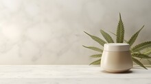 Cosmetic Cream Jar Mockup Template. Skin Care Product With Marijuana On A Light Background.  Natural, Organic Concept..Brown Glass Bottle Mockup For Cosmetic Products.