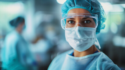 Wall Mural - headshot portrait of female surgeon in operation wearing face mask