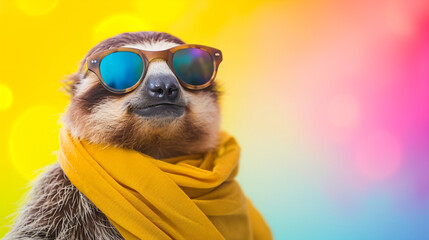 Wall Mural - cute sloth sunglasses and scarf in studio with a colorful and bright background. Generative Ai