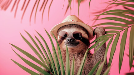 Wall Mural - sloth with sunglasses and hat under palm leaf on pastel summer background. Generative Ai